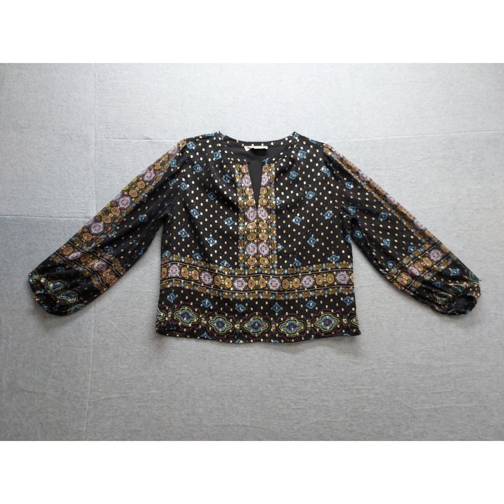LOFT Women Blouse Top L Black Geometric Print Balloon Sleeve Lightweight Comfort